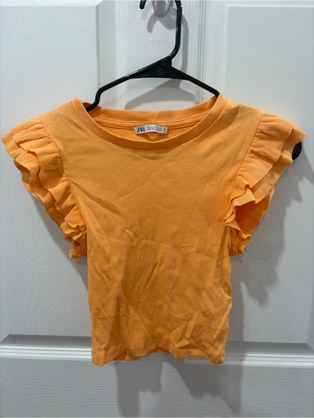 Zara Peach-Orange Ribbed Top with Ruffle Sleeves